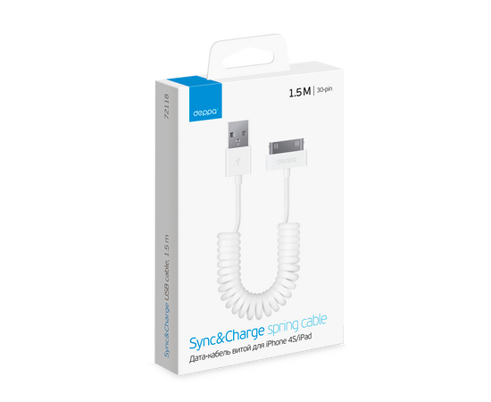  Дата-кабель USB-30-pin для Apple, витой, 1.5м, белый, DEPPA, 72118 
