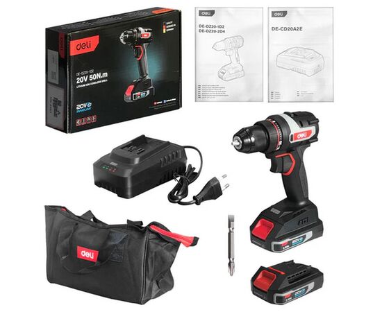  Дрель-шуруповерт Deli DE-DZ20-1D2 (2 АКБ*2Ач+ЗУ, 20В, 10мм, 50Нм, сумка) 
