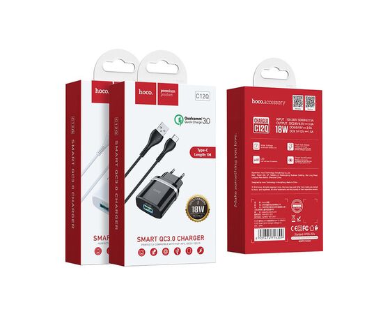  СЗУ HOCO C12Q Smart QC3.0 + Type-C (черный) 